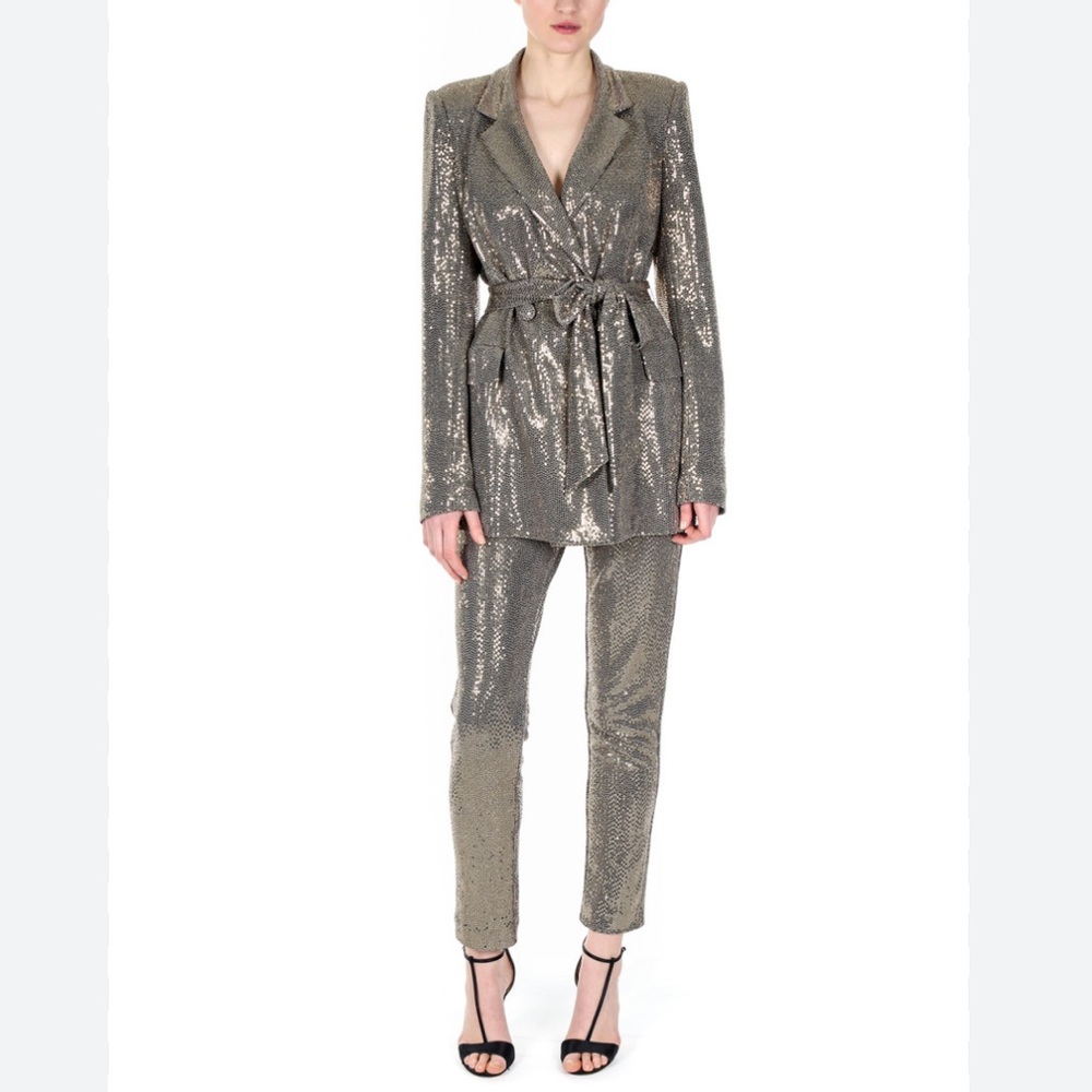 Badgley Mischka Sequin Metallic Silver Pants Suit